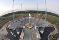 Russia's Soyuz VS01 rocket sits on its launching pad, Wednesday, Oct. 19, 2011, in the space base of Kourou, French Guiana . Image: European Space Agency.
